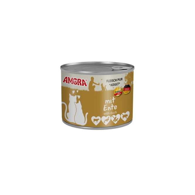 Amora Cat Fleisch Pur Ente Katzennassfutter in der Dose als Vollnahrung mit 45 Prozent Rind und 25 Prozent Ente
