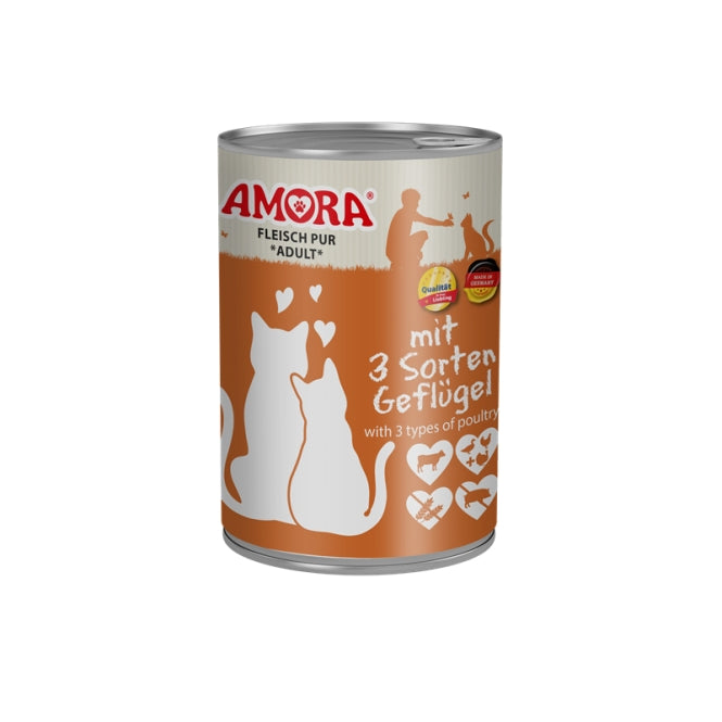 Amora Fleisch Pur Katzennassfutter mit Rind, Ente, Huhn und Pute als Vollnahrung für Katzen
