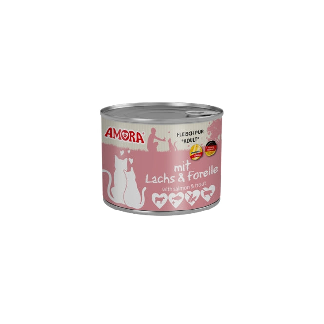 Amora Fleisch Pur Katzennassfutter mit Rind, Lachs und Forelle als Vollnahrung für Katzen