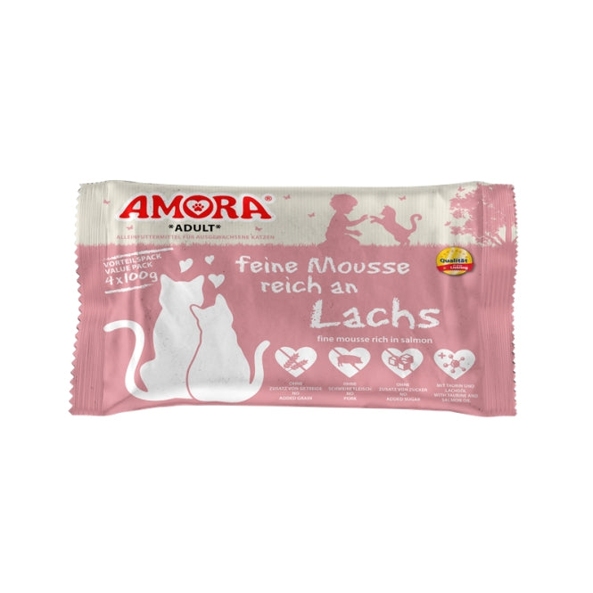 Amora Cat Pouchbeutel feine Mousse reich an Lachs 4 x 100 g cremiges Katzennassfutter mit Huhn, Rind und Lachs
