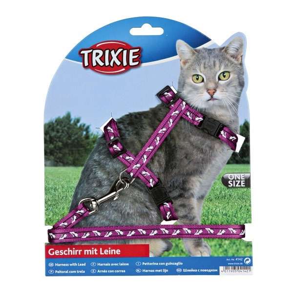 Trixie Katzen-Garnitur mit Leine, Schnappverschlüssen und Katzenmotiv