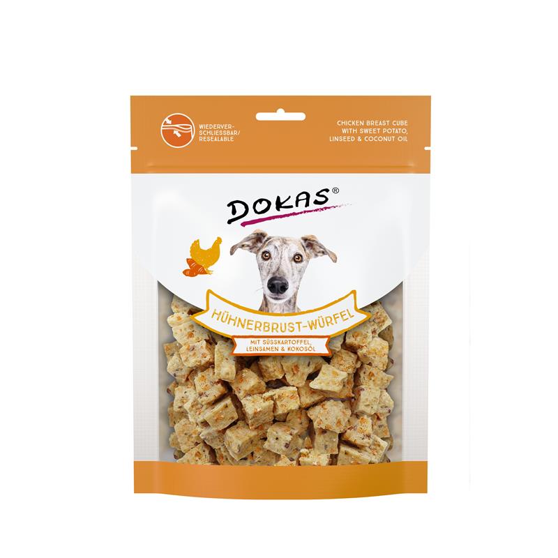 Dokas Snack Hühnerbrust Würfel mit Süsskartoffel & Leinsamen