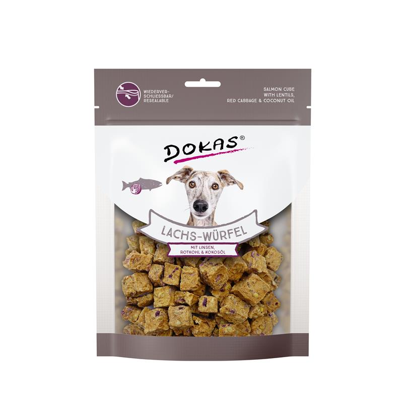 Dokas Snack Lachs Würfel mit Linsen, Rotkohl & Kokosöl