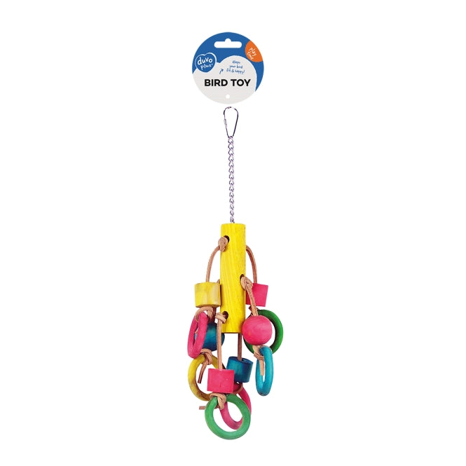Vogelspielzeug mit bunten Ringen / Leder
