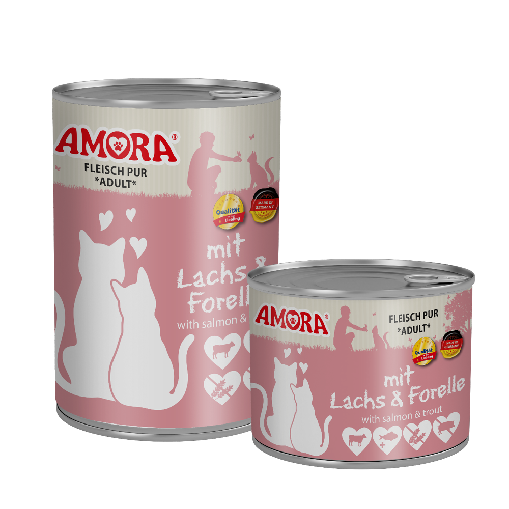 Amora Fleisch Pur Katzennassfutter mit Rind, Lachs und Forelle als Vollnahrung für Katzen in 200 und 700g