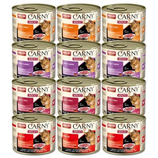 Abwechslungsreiches CARNY Adult Multipack mit vier fleischreichen Rind-Rezepturen für ausgewachsene Katzen und natürlichen Fleischgenuss ohne unnötige Zusätze.