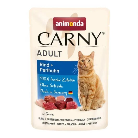 Herzhaftes Nassfutter mit frischem Rind und aromatischem Perlhuhn für ausgewachsene Katzen, erhältlich in verschiedenen Dosengrößen für abwechslungsreichen Fleischgenuss.