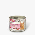 Fleischreiche CARNY Adult Rezeptur mit Huhn, Putenherzen und Entenherzen für ausgewachsene Katzen mit Vorliebe für natürlichen Fleischgeschmack.