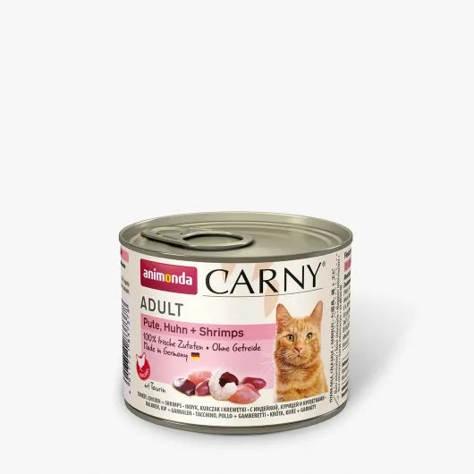 Fleischreiche CARNY Adult Rezeptur mit Huhn, Putenherzen und Entenherzen für ausgewachsene Katzen mit Vorliebe für natürlichen Fleischgeschmack.