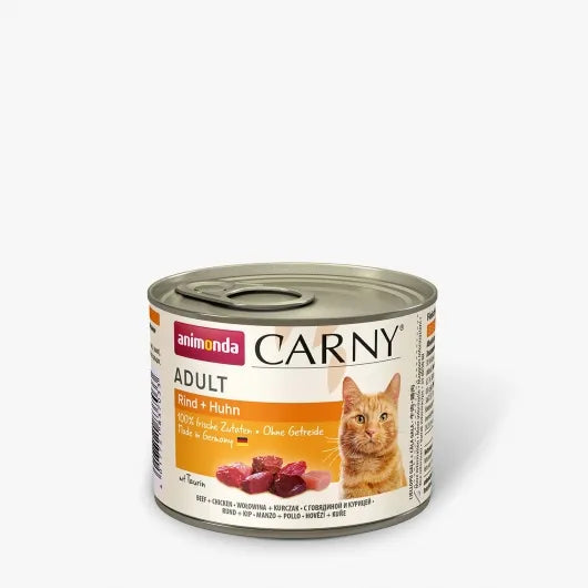 Herzhaftes Nassfutter mit frischem Rind und zartem Huhn für natürlichen Fleischgenuss und hohe Akzeptanz – ideal für anspruchsvolle Katzen und erhältlich in verschiedenen Dosengrößen.
