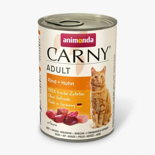 Herzhaftes Nassfutter mit frischem Rind und zartem Huhn für natürlichen Fleischgenuss und hohe Akzeptanz – ideal für anspruchsvolle Katzen und erhältlich in verschiedenen Dosengrößen.