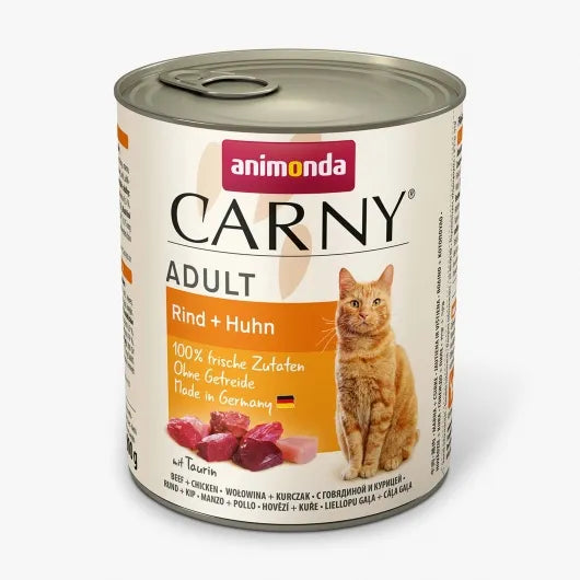 Herzhaftes Nassfutter mit frischem Rind und zartem Huhn für natürlichen Fleischgenuss und hohe Akzeptanz – ideal für anspruchsvolle Katzen und erhältlich in verschiedenen Dosengrößen.
