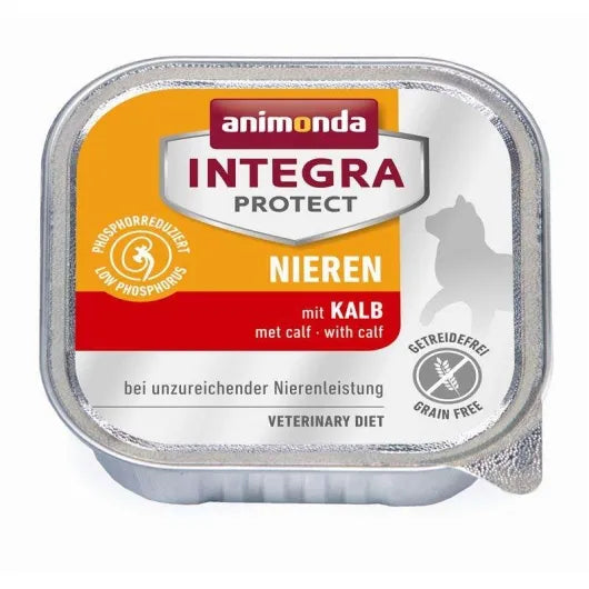 Diät-Nassfutter mit Kalb, Huhn und Ente zur ernährungsphysiologischen Unterstützung der Nierenfunktion bei Katzen mit chronischer Niereninsuffizienz.