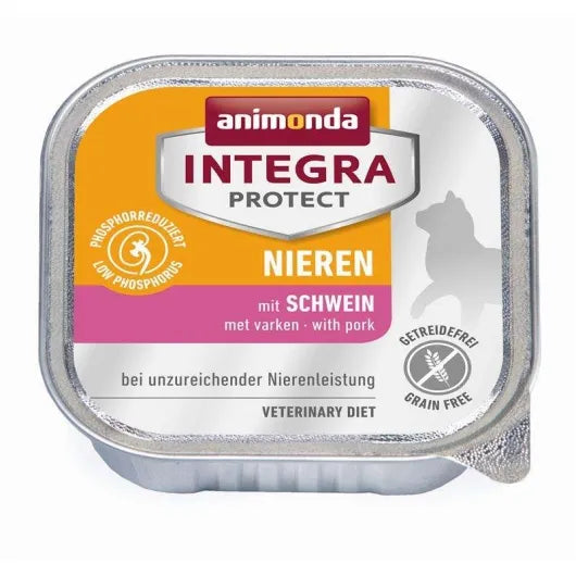 Getreidefreie Nierendiätnahrung mit Schwein und Huhn zur ernährungsphysiologischen Unterstützung der Nierenfunktion bei Katzen mit chronischer Niereninsuffizienz.