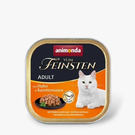 Zarte Bröckchen mit Huhn, Schwein und Pute in reichhaltiger Sauce für Katzen, die besonders saftige Mahlzeiten lieben und getreidefrei ernährt werden sollen.