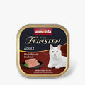 Fleischreiches Premium-Menü mit fünf ausgewählten Fleischsorten für ausgewachsene Katzen, die abwechslungsreiche Geschmackserlebnisse lieben – erhältlich in der praktischen 100 g Schale.