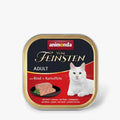 Herzhaftes Katzenmenü mit 30 % Rind und feinen Kartoffeln, das ausgewachsene Katzen mit besonderem Geschmack verwöhnt und täglich ausgewogen versorgt – erhältlich in der praktischen 100 g Schale.