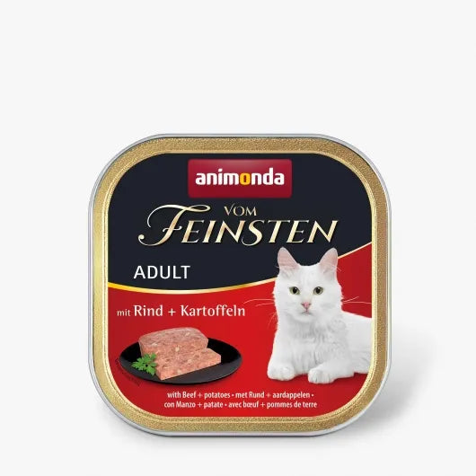 Herzhaftes Katzenmenü mit 30 % Rind und feinen Kartoffeln, das ausgewachsene Katzen mit besonderem Geschmack verwöhnt und täglich ausgewogen versorgt – erhältlich in der praktischen 100 g Schale.