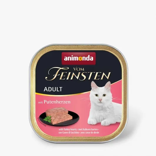 Fleischreiches Nassfutter mit schmackhaften Putenherzen für ausgewachsene Katzen, die intensive Fleischaromen und hochwertige Rezepturen lieben – erhältlich in der praktischen 100 g Schale.