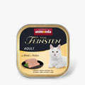 Fleischreiches Nassfutter mit Rind und Huhn für ausgewachsene Katzen, das mit 64 % tierischen Zutaten und ausgewogenem Geschmack überzeugt – erhältlich in der praktischen 100 g Schale.