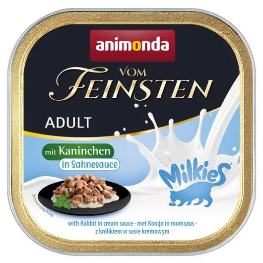 Zarte Ragout-Stückchen mit feinem Kaninchen in cremiger Sahnesauce für ausgewachsene Katzen, erhältlich in praktischen Portionsschalen für täglichen Gourmet-Genuss.