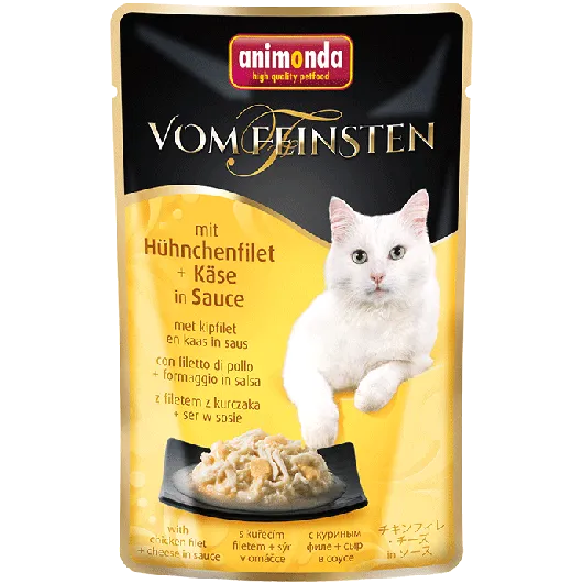 Zartes Hühnchenfilet mit feinem Käse veredelt für ein besonders cremiges Geschmackserlebnis und anspruchsvolle Katzen mit Sinn für besondere Genussmomente.