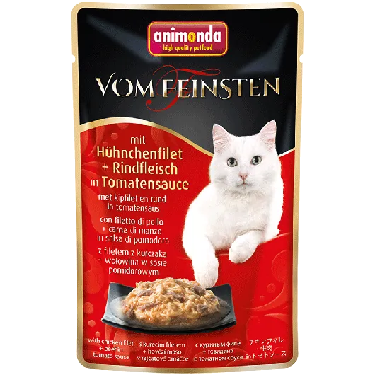 Zartes Hühnchenfilet mit herzhaftem Rindfleisch und feinen Tomaten für einen besonders abwechslungsreichen Filetgenuss und anspruchsvolle Katzen.
