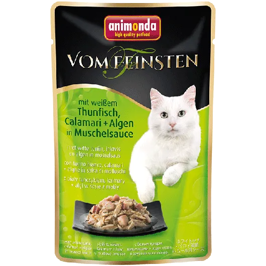 Feiner Thunfisch mit Calamari, Muscheln und Algen für ein außergewöhnliches Meeresaroma und besondere Genussmomente für fischliebende Katzen.