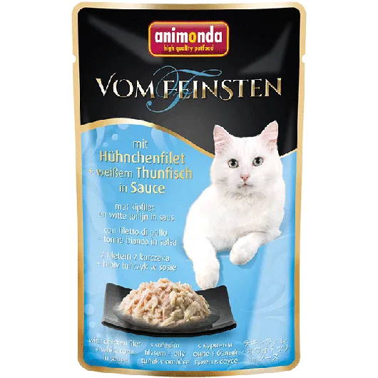 Zartes Hühnchenfilet kombiniert mit feinem weißem Thunfisch für natürlichen Fischgenuss und eine besonders schmackhafte Mahlzeit für anspruchsvolle Katzen.