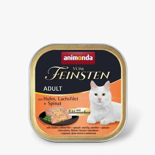 Zarte Pastete mit saftigem Kern, feinem Lachsfilet und Spinat für ein besonders cremiges Geschmackserlebnis und anspruchsvolle Katzen.