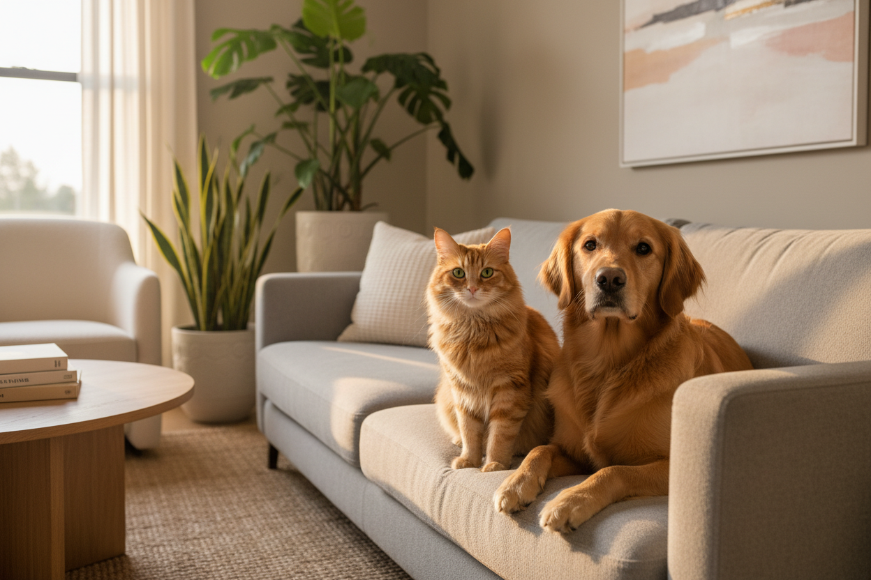 Katze und Hund Zuhause auf der couch