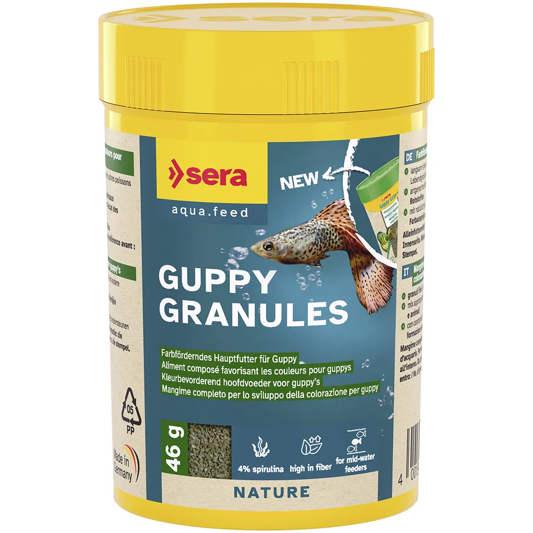 Das Sera Granulat Menü ist ein Alleinfuttermittel für Zierfische in Granulatform.