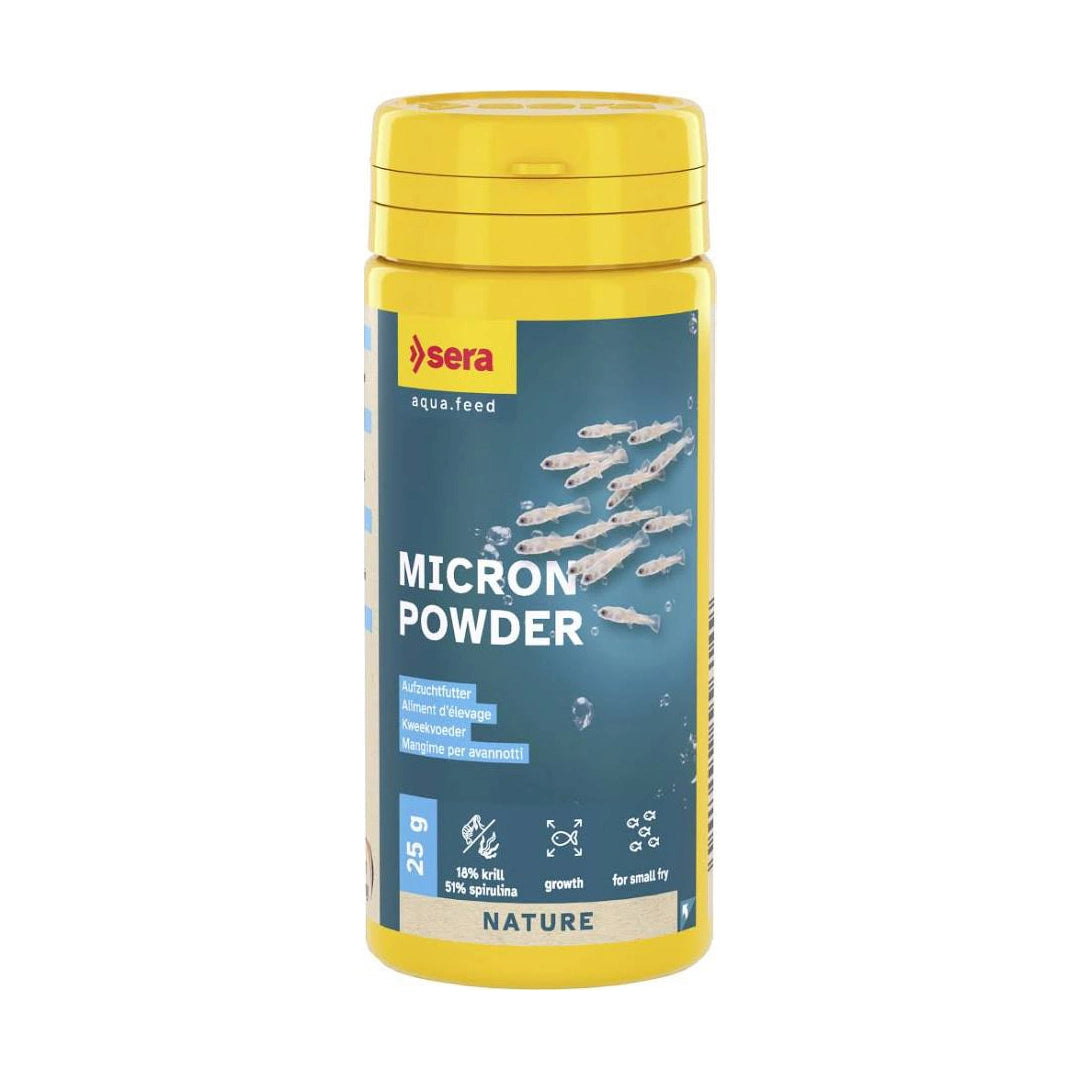 Sera Micron ist ein hochwertiges Staubfutter für Fische und Garnelen mit sehr feinen Partikeln.