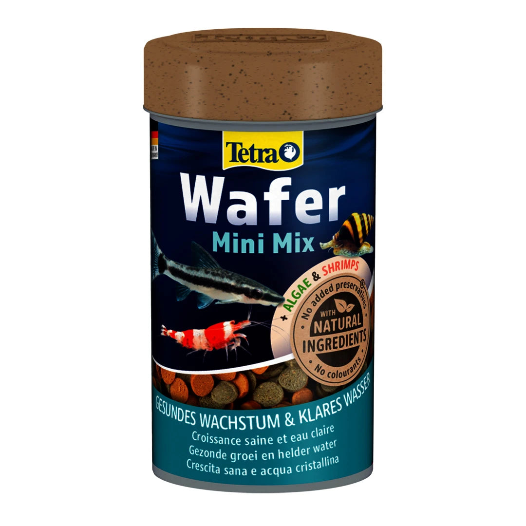 Tetra Wafer Mini Mix ist ein vielseitiges Futter für bodengründige und mittelschwimmende Aquarienbewohner wie Welse, Garnelen und andere Bodenfische.