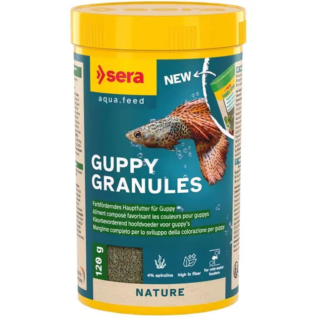 Sera Guppy Gran ist ein Granulat-Futter für Guppys und andere kleine Zierfische im Aquarium.